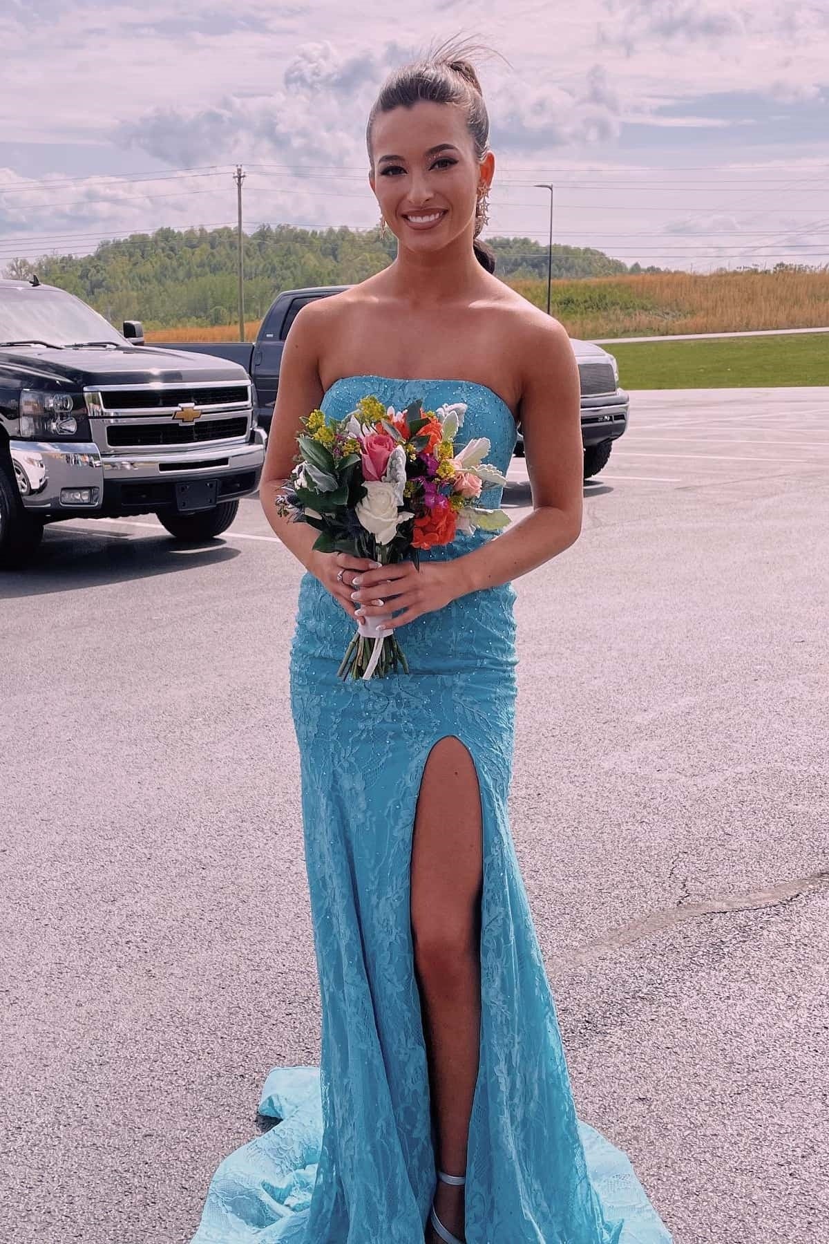 Fully Lace Strapless Mermaid Party Prom Dress With Slit And Train
