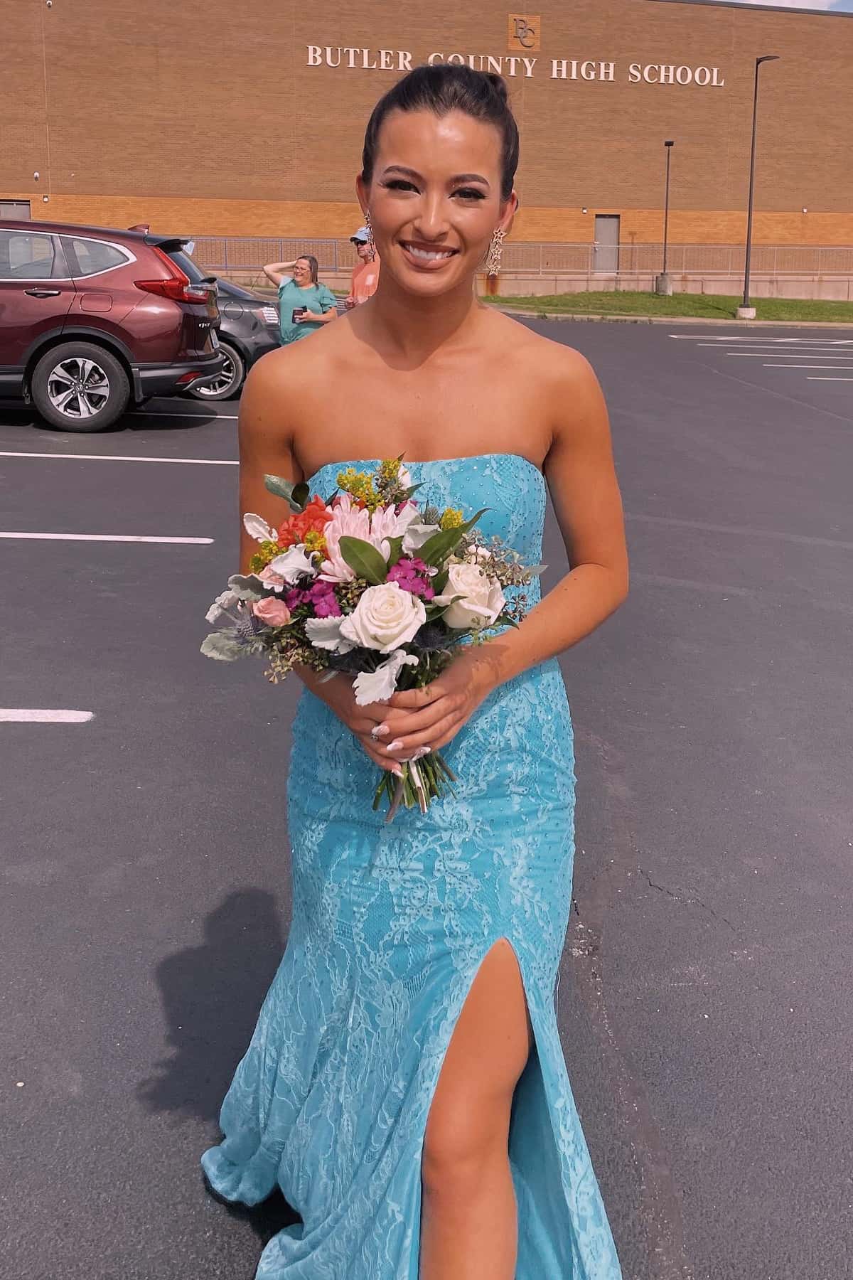 Fully Lace Strapless Mermaid Party Prom Dress With Slit And Train