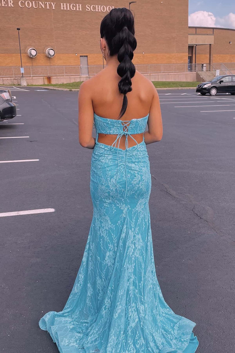 Fully Lace Strapless Mermaid Party Prom Dress With Slit And Train