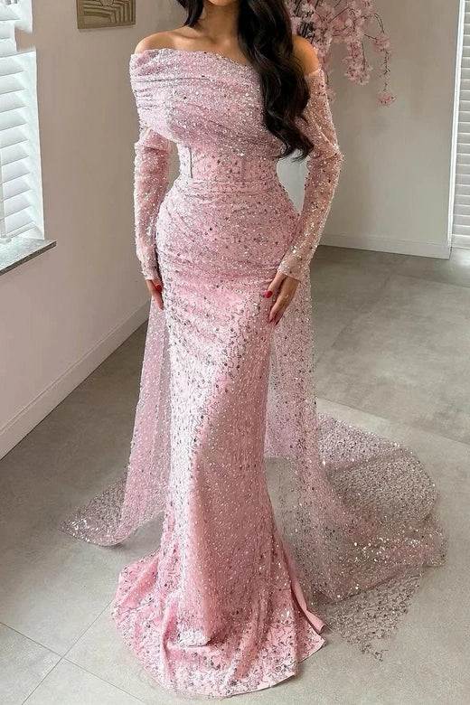 Fully Sequin Off-Shoulder Long Sleeves Mermaid Party Prom Dress 