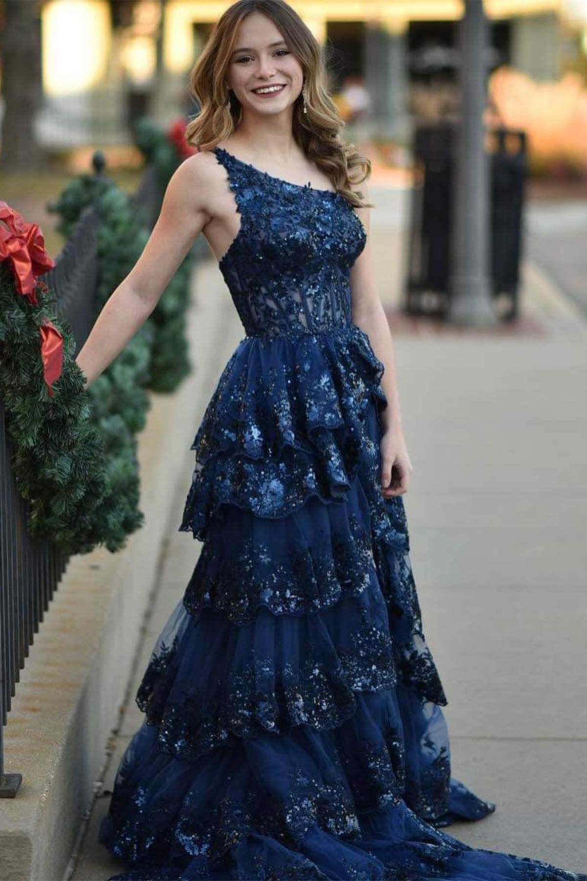 Navy Blue One Shoulder Sequin Ruffle A-Line Formal Dress – FancyVestido Navy Blue One Shoulder Sequin Ruffle A-Line Formal Dress – FancyVestido