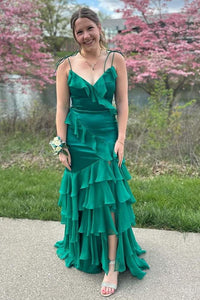Green V-Neck Chiffon Ruffle Prom Dress with Slit