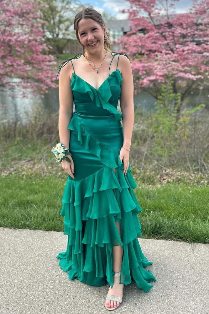 Green V-Neck Chiffon Ruffle Prom Dress with Slit FancyVestido Green V-Neck Chiffon Ruffle Prom Dress with Slit FancyVestido
