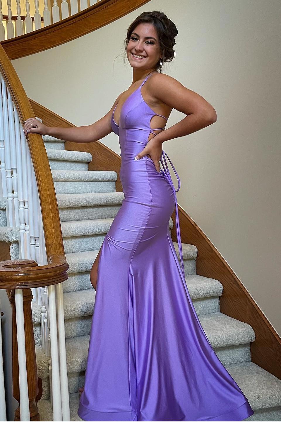 Straps V-Neck Bodycon Mermaid Prom Dress with Slit