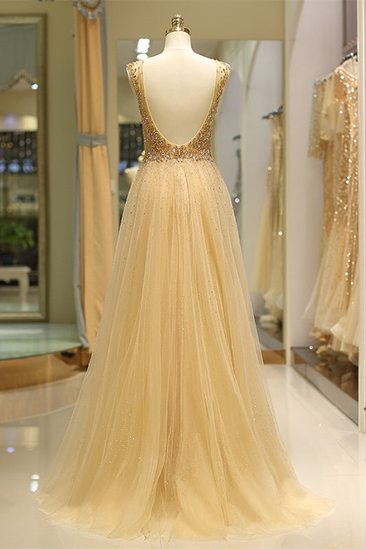 Sleeveless A-Line Evening Gown With Sequin And Bead Embellishments