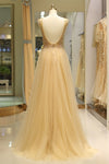 Plunging Neck Beaded Long Prom Dress with Sheer Back
