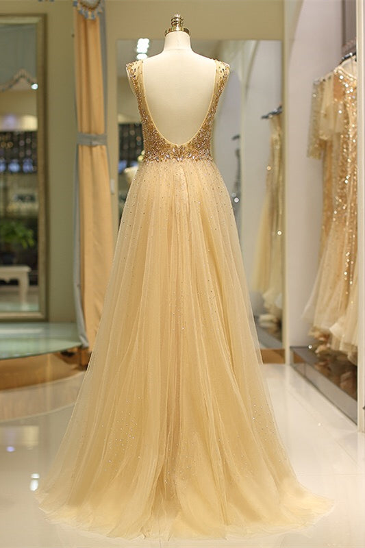 Plunging Neck Beaded Long Prom Dress with Sheer Back