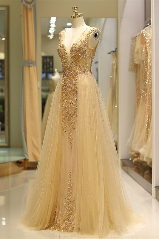 Plunging Neck Beaded Long Prom Dress with Sheer Back