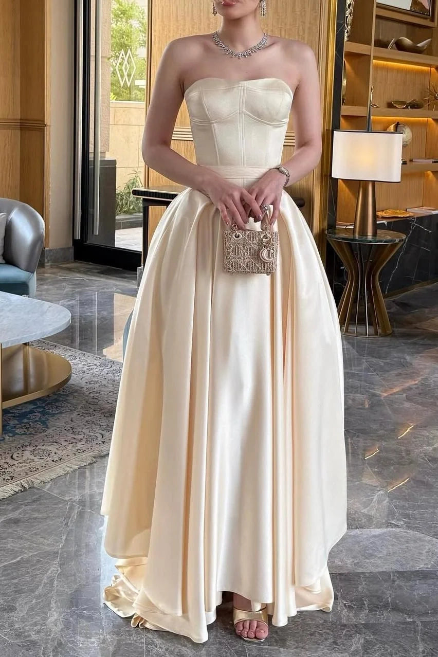Gentle Sweetheart Strapless Satin A-Line High Waist Party Prom Dress