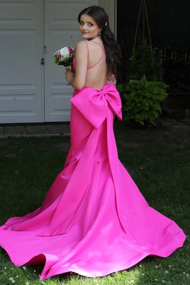Sleeveless Satin Mermaid Backless Prom Dress With Bow