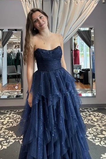 Glitter Bateau Strapless Tiered Tulle A-Line Prom Evening Dress 