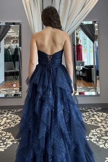 Glitter Bateau Strapless Tiered Tulle A-Line Prom Evening Dress 