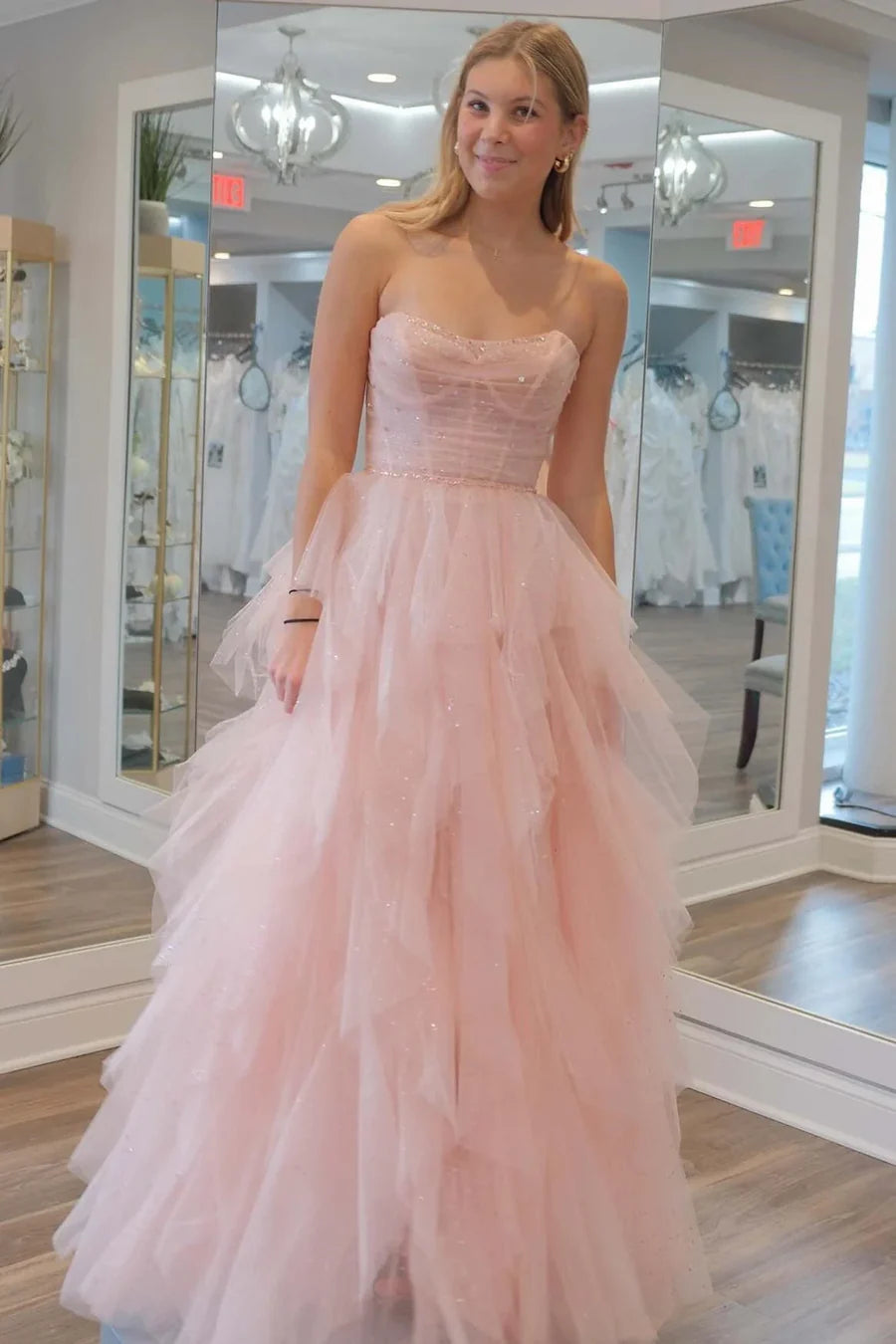 Glitter Bateau Strapless Tiered Tulle A-Line Prom Evening Dress 