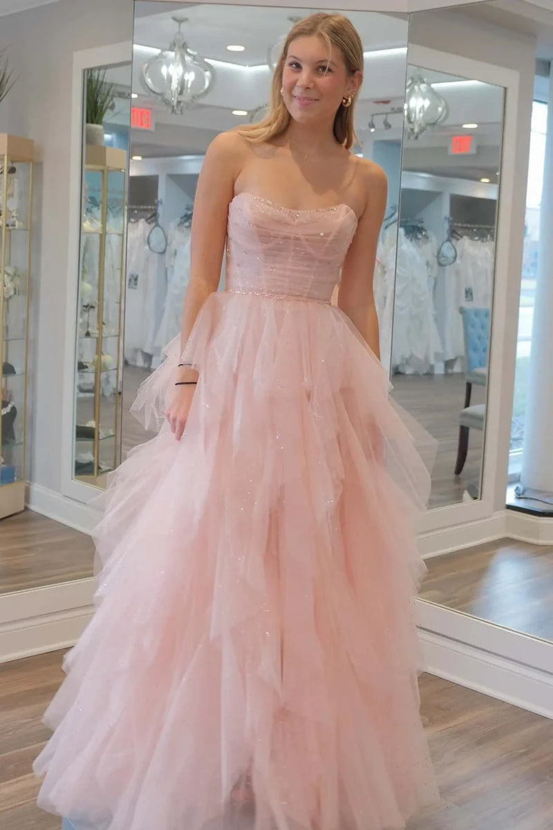 Glitter Bateau Strapless Tiered Tulle A-Line Prom Evening Dress 