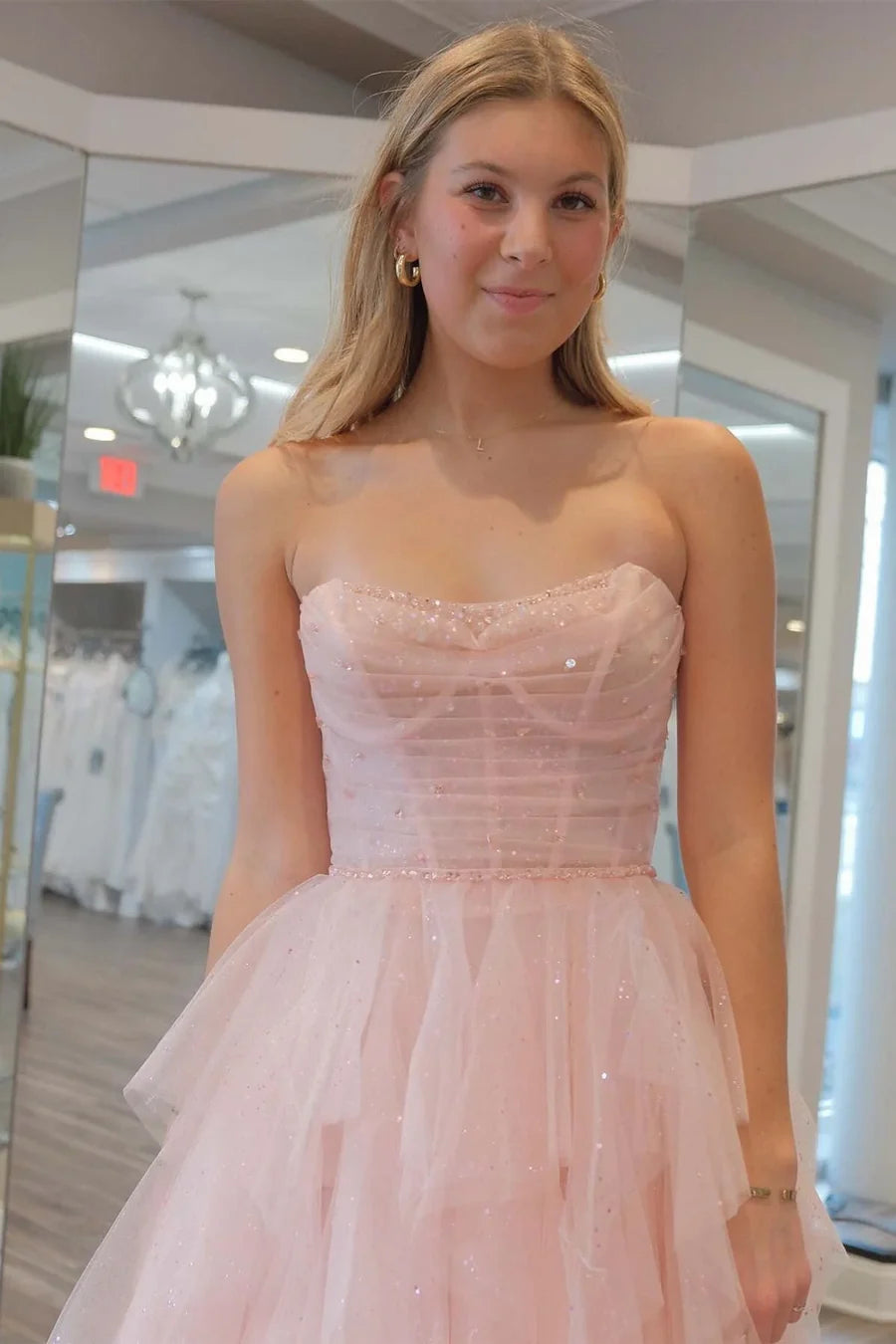 Glitter Bateau Strapless Tiered Tulle A-Line Prom Evening Dress 