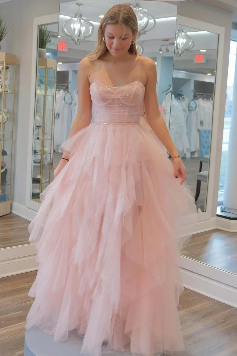 Glitter Bateau Strapless Tiered Tulle A-Line Prom Evening Dress 