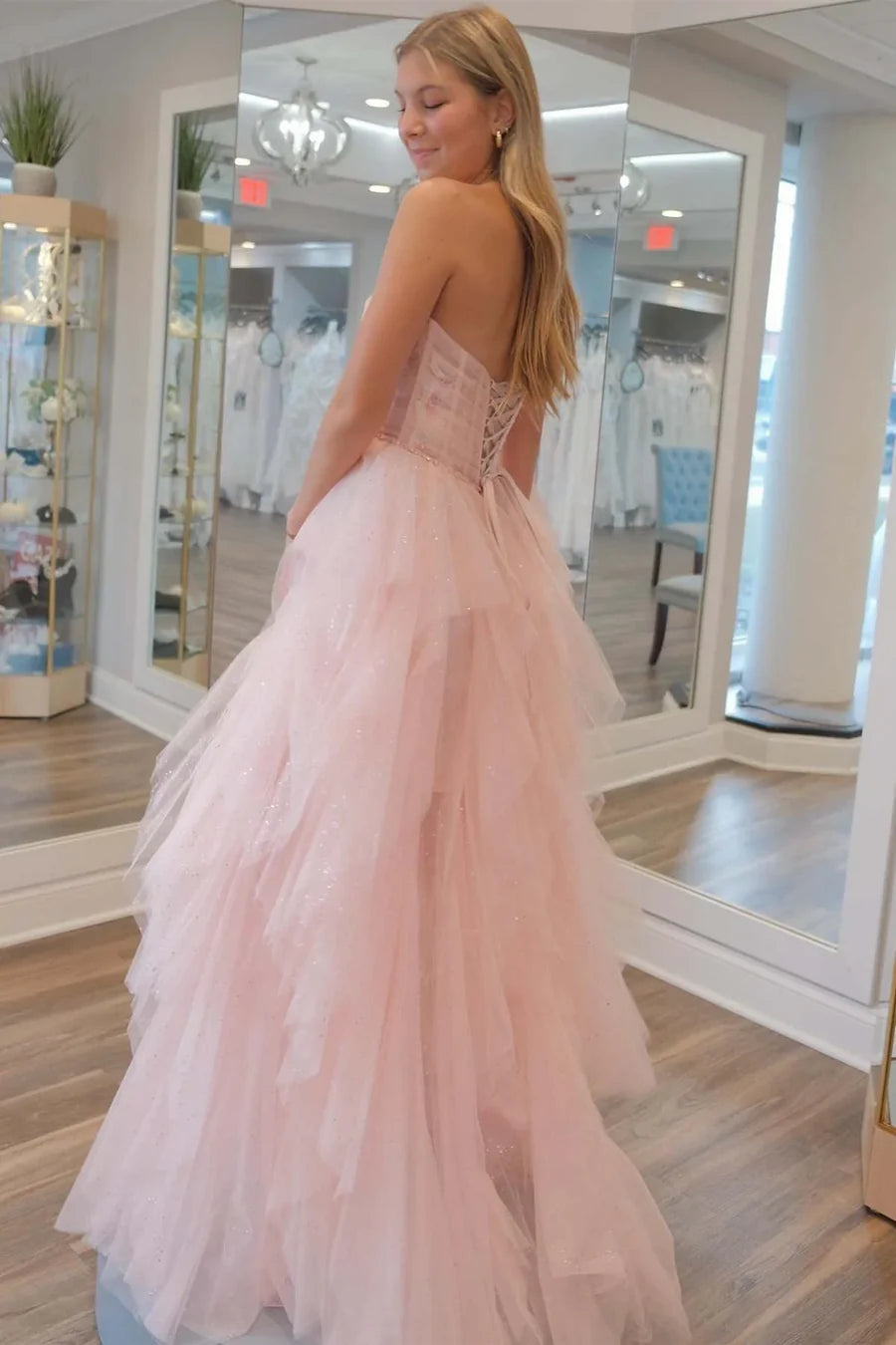 Glitter Bateau Strapless Tiered Tulle A-Line Prom Evening Dress 