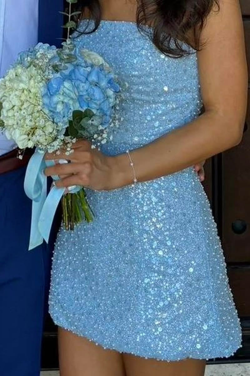 Glitter Blue A-Line Strapless Mini Sequin Party Homecoming Dress
