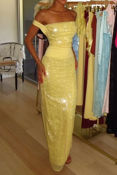 Glitter Fitted Empire Backless Sequin Maxi Party Prom Dress