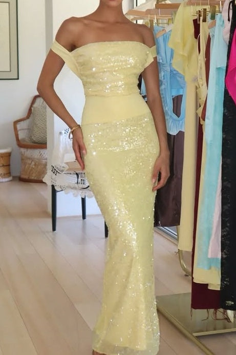 Glitter Fitted Empire Backless Sequin Maxi Party Prom Dress