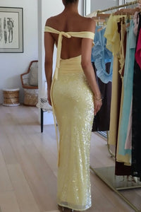 Glitter Fitted Empire Backless Sequin Maxi Party Prom Dress