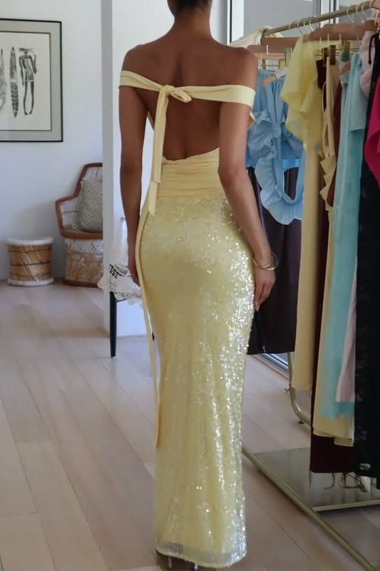 Glitter Fitted Empire Backless Sequin Maxi Party Prom Dress