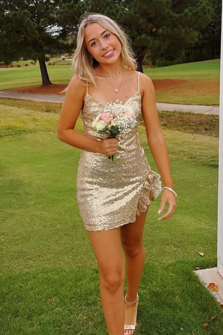 Glitter Fitted Low V-Neck Sleeveless Ruffle Party Homecoming Dress