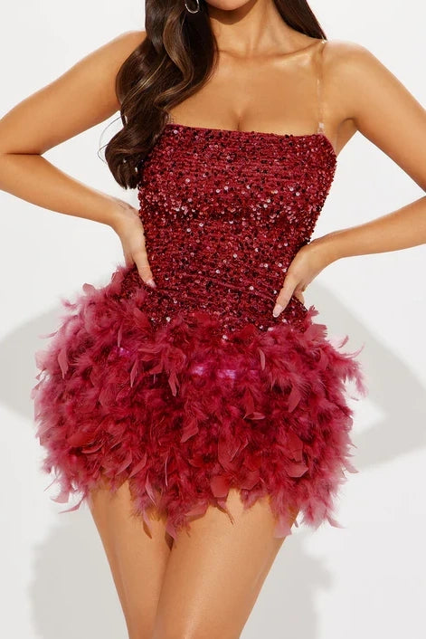 Glitter Strapless High Waist Sequin And Feather Homecoming Dress
