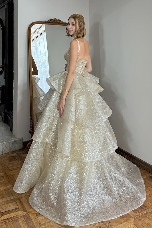 Glitter Sweetheart Sleeveless Empire A-Line Tiered Party Prom Dress