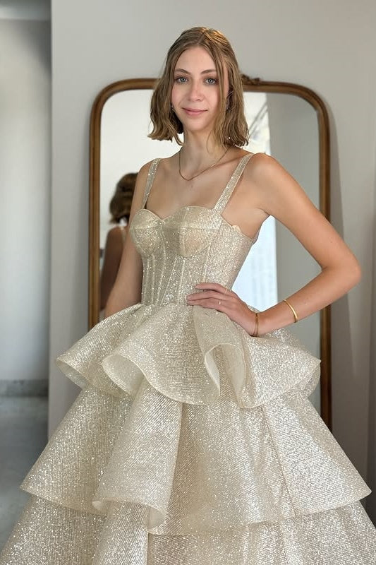 Glitter Sweetheart Sleeveless Empire A-Line Tiered Party Prom Dress