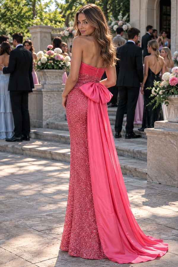 Glitter Sweetheart Strapless Mermaid Sequin Party Prom Dress With Bow