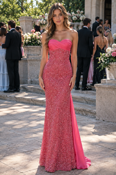 Glitter Sweetheart Strapless Mermaid Sequin Party Prom Dress With Bow