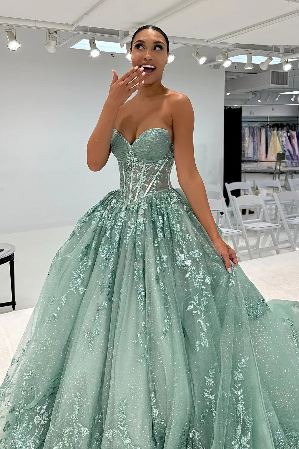 Glitter Sweetheart Strapless Tulle A-Line Lace Appliques Party Prom Dress