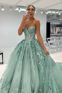 Glitter Sweetheart Strapless Tulle A-Line Lace Appliques Party Prom Dress