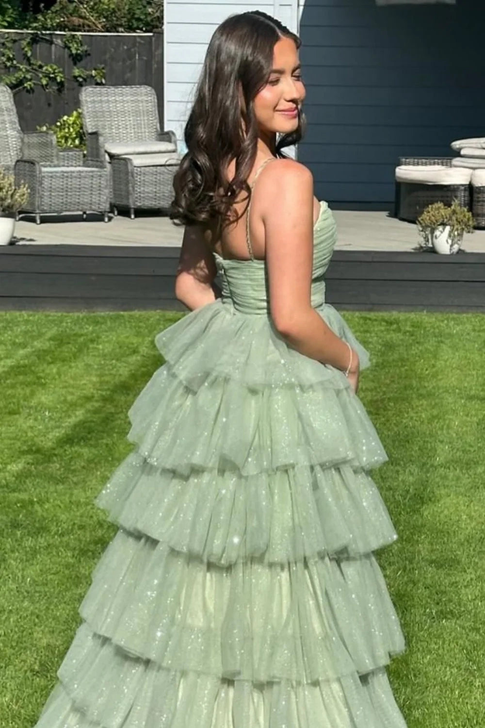Glitter Tiered Tulle A-Line Halter Empire Long Party Prom Dress