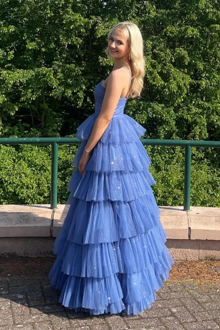 Glitter Tiered Tulle A-Line Halter Empire Long Party Prom Dress