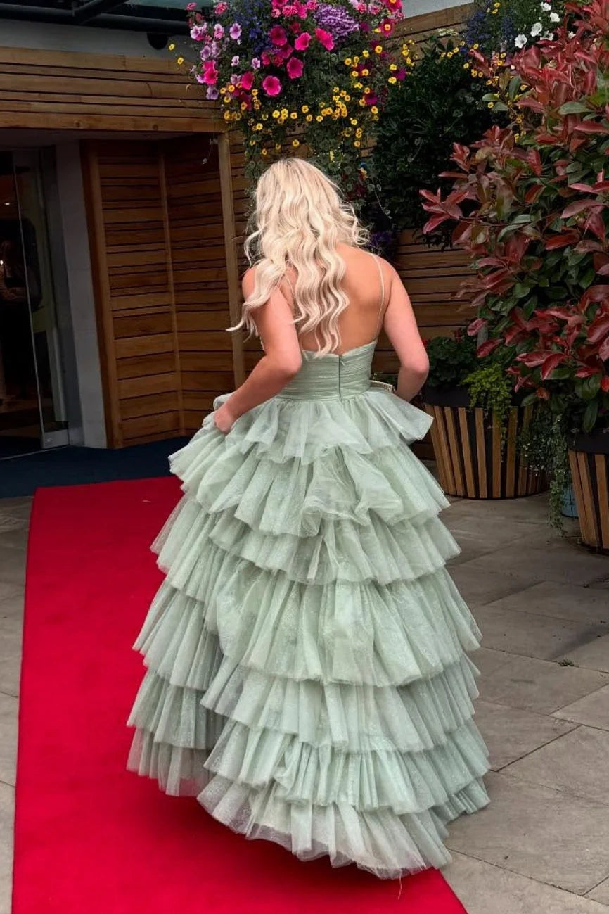 Glitter Tiered Tulle A-Line Halter Empire Long Party Prom Dress