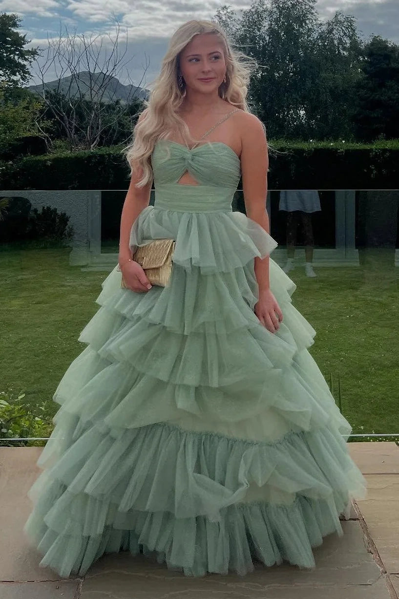Glitter Tiered Tulle A-Line Halter Empire Long Party Prom Dress