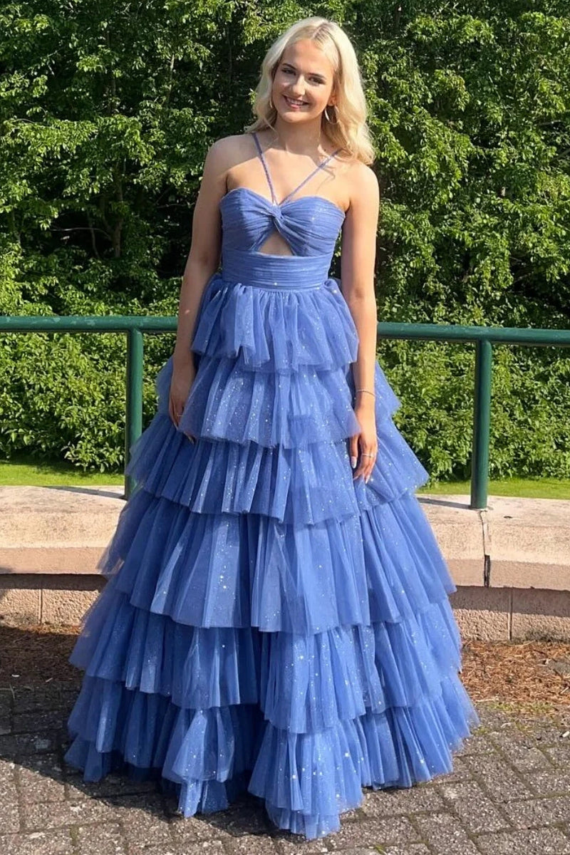 Glitter Tiered Tulle A-Line Halter Empire Long Party Prom Dress