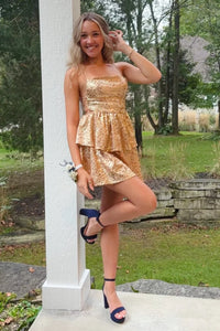 Gold A-Line Spaghetti Straps Lace-Up Tiered Mini Homecoming Dress