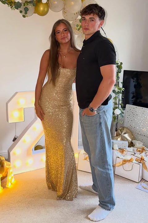 Gold Sequin Boat Spaghetti Straps Mermaid Long Party Prom Dress