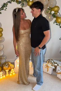 Gold Sequin Boat Spaghetti Straps Mermaid Long Party Prom Dress