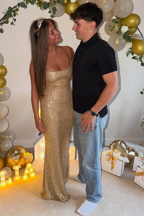 Gold Sequin Boat Spaghetti Straps Mermaid Long Party Prom Dress