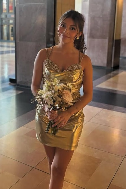 Gold Spaghetti Straps Backless Mini Party Homecoming Dress 