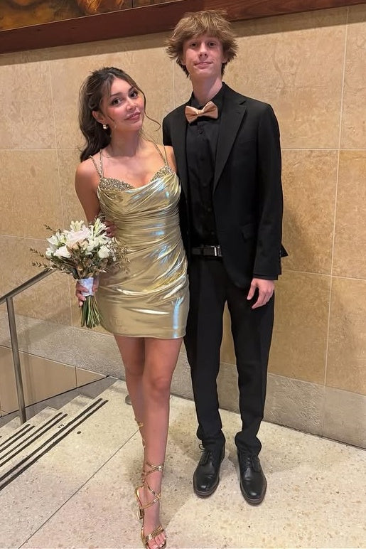 Gold Spaghetti Straps Backless Mini Party Homecoming Dress 