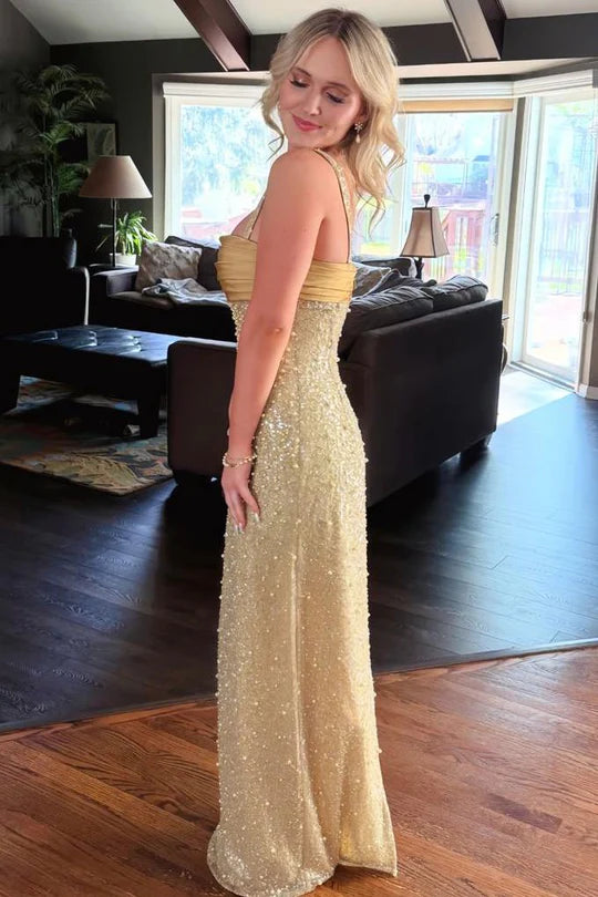 Gold Spaghetti Straps Empire Pearl And Sequin Party Prom Dress 