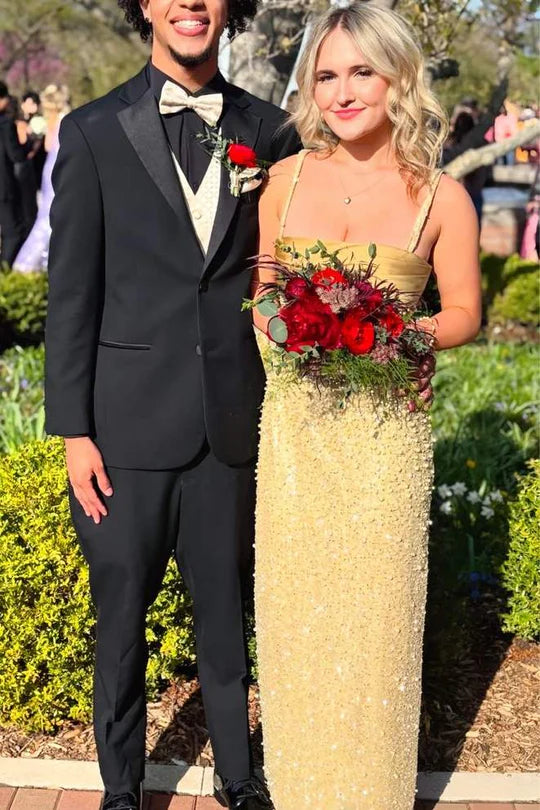 Gold Spaghetti Straps Empire Pearl And Sequin Party Prom Dress 