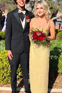 Gold Spaghetti Straps Empire Pearl And Sequin Party Prom Dress 