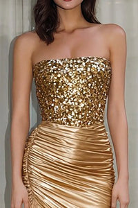Gold Strapless Ruched Empire Two Tone Party Prom Dress With Leg Slit