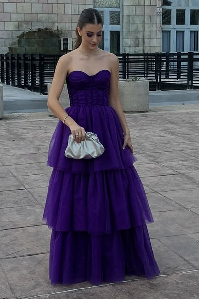 Grape Tulle A-Line Sweetheart Strapless Tiered Party Prom Dress